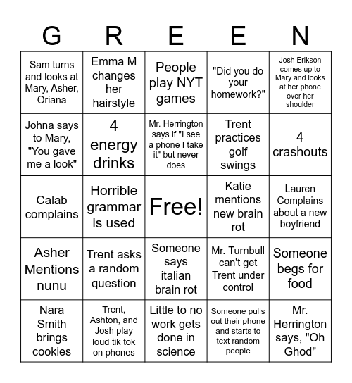 Green Bingo Card