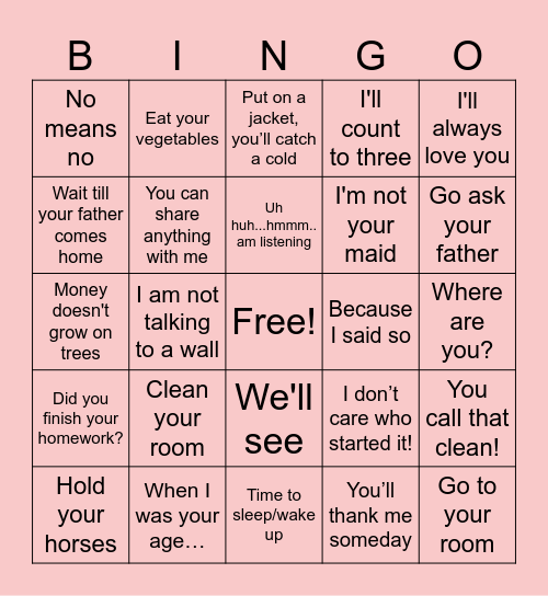 Favorite Momisms Bingo Card