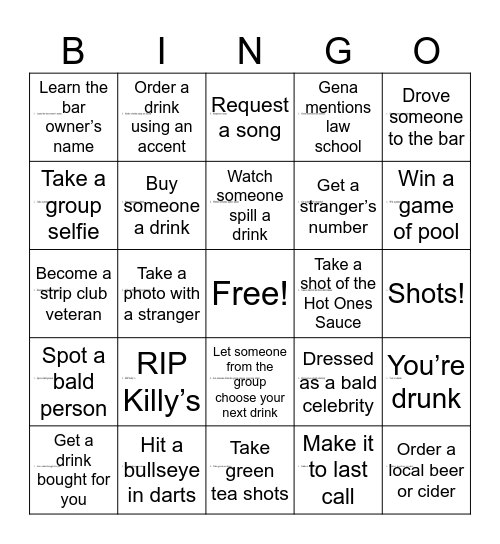 Hot Ones Bald Bar Crawl Bingo Card