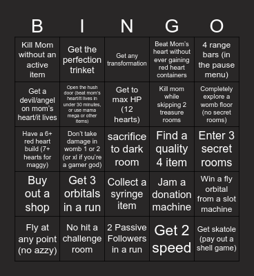 Isaac repentance bingo Card