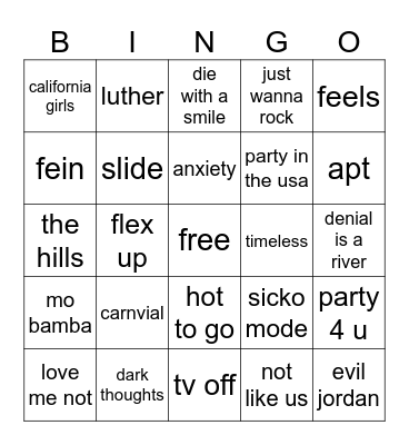 Prom Music Bingo Card
