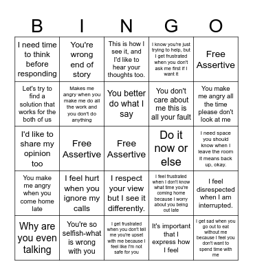 Assertive vs. Aggressive Bingo Card