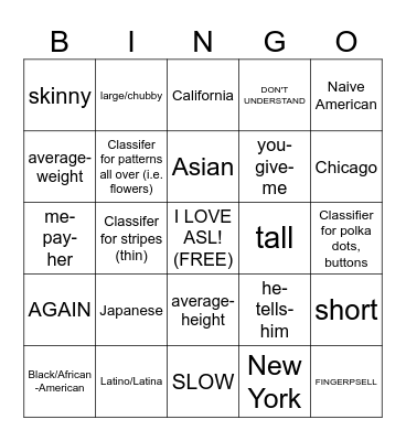 ASL 1 Bingo Card