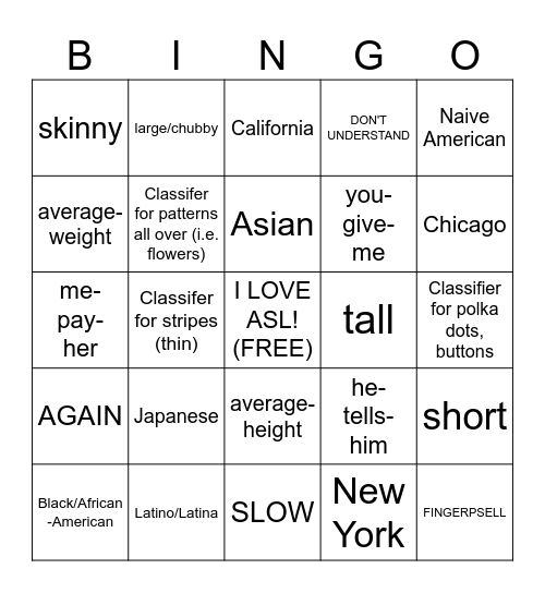 ASL 1 Bingo Card