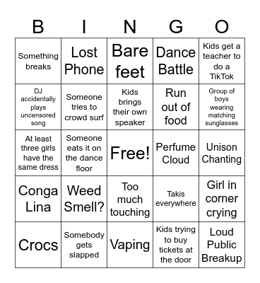 8th Grade Formal Bingo Card