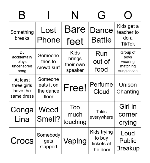 8th Grade Formal Bingo Card