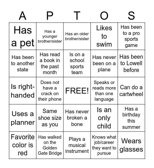 New Student Bingo Card