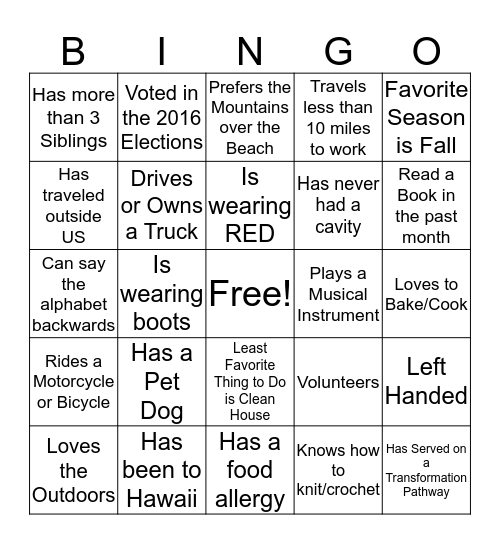 2016 Holiday Luncheon Bingo Card