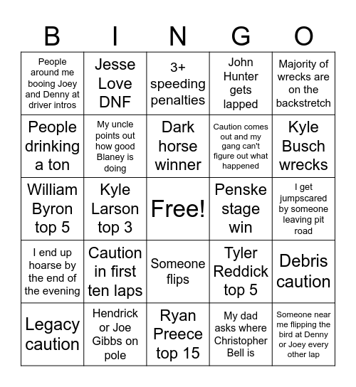 AdventHealth 400 Bingo Card