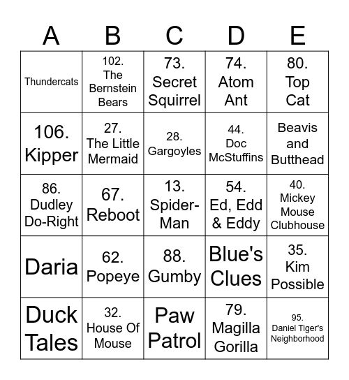 CARTOONS Bingo Card