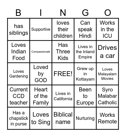 Mother's day Bingo Card