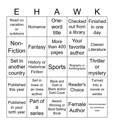 E-Hawk Summer Reading Challenge Bingo Card