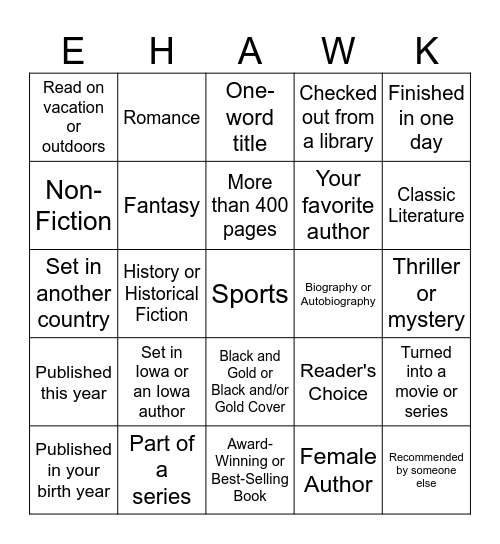 E-Hawk Summer Reading Challenge Bingo Card