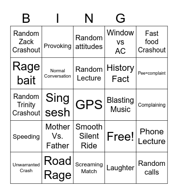 Car Ride Bingo Card