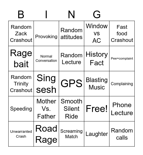 Car Ride Bingo Card