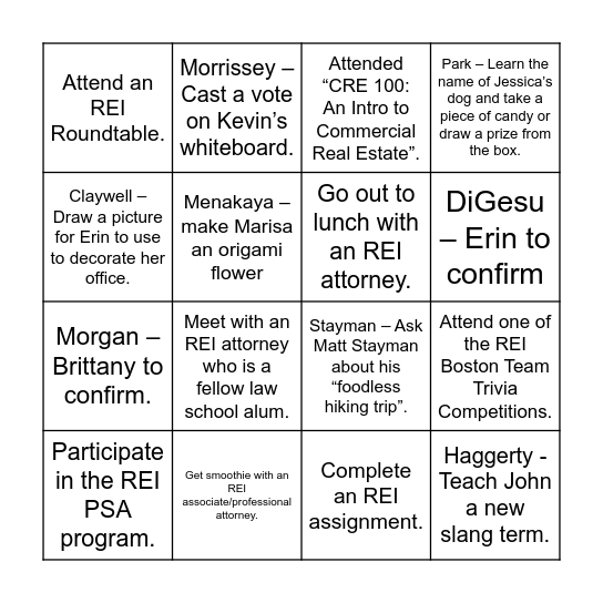 REI Boston Scavenger Bingo Card
