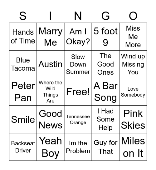 Country Hits Bingo Card