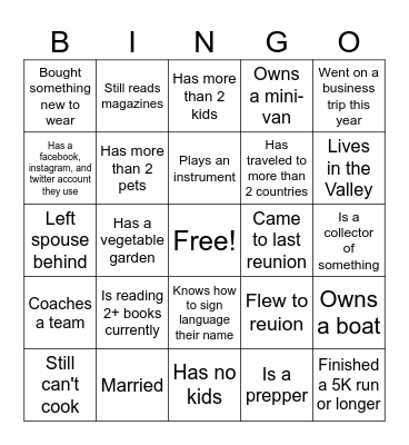 Sci-Tech Reunion '95 Bingo Card