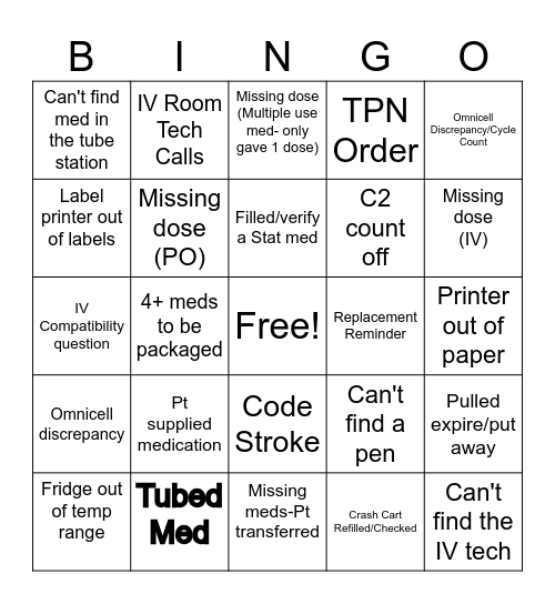 Inpatient Hospital Pharmacy Bingo Card