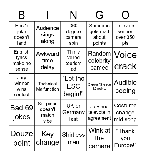 Eurovision 2025 Bingo Card