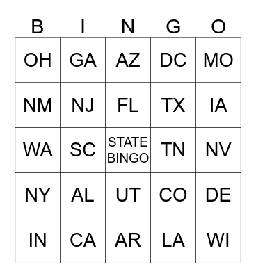 STATE BINGO  Bingo Card