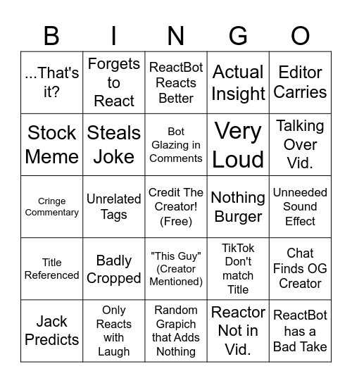 JJJacksFilms Reactor Bingo Card