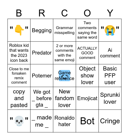 Youtube comment section bingo Card