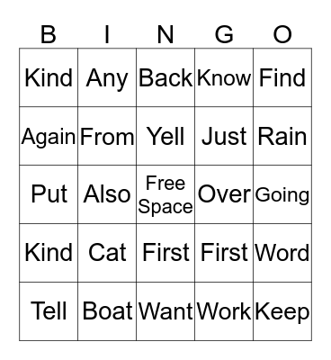 Spelling BINGO Card