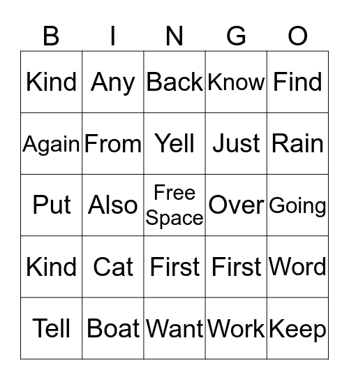 Spelling BINGO Card