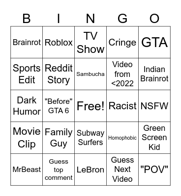 Youtube Shorts Bingo Card