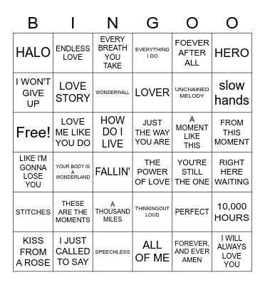 Wedding Songs Bingo Card