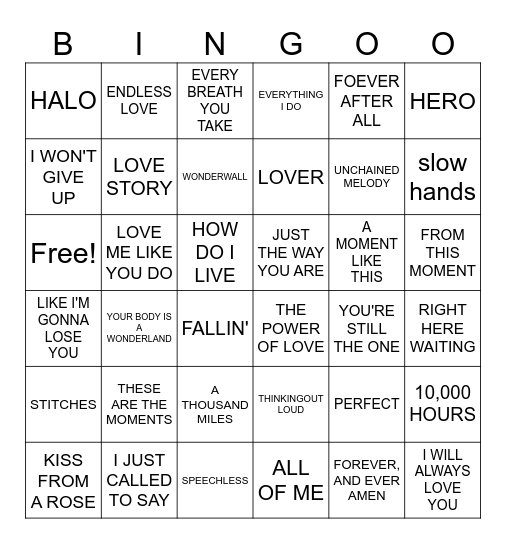 Wedding Songs Bingo Card
