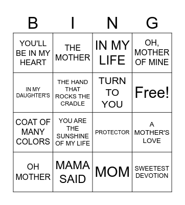 SONGS FOR MAMA Bingo Card