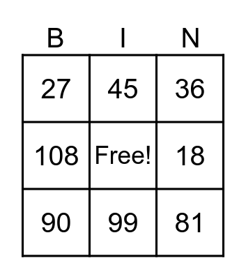 9 Times Table Bingo Card