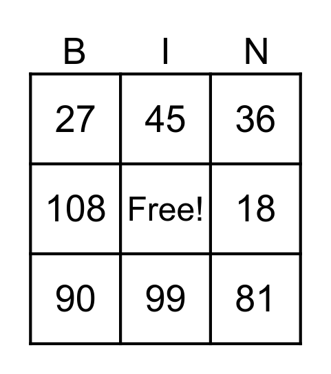 9 Times Table Bingo Card