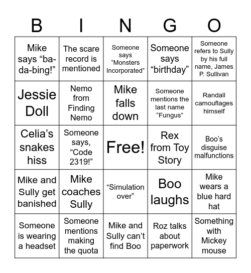 Monsters Inc Bingo Card