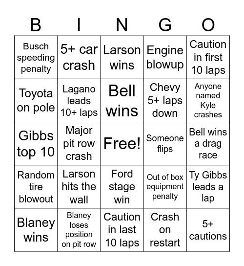NASCAR Bingo Card