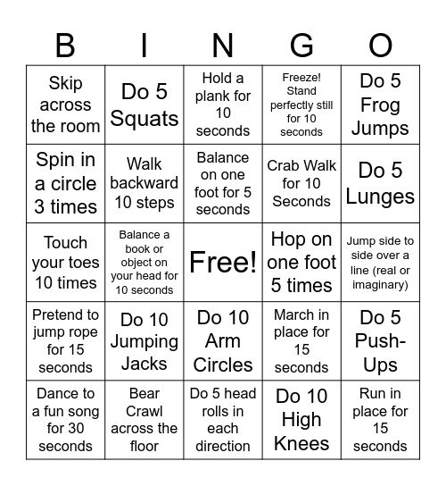 Movement Bingo Card