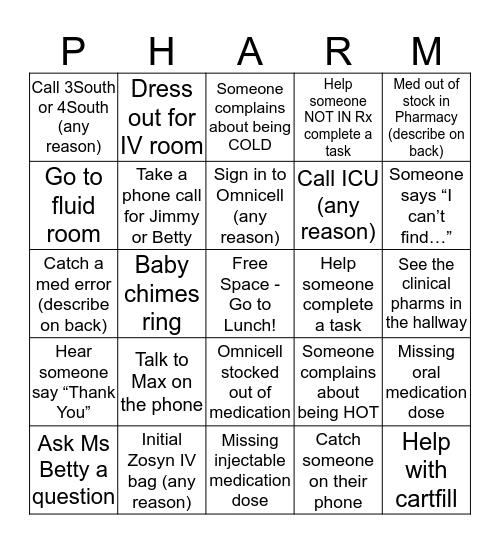 Pharmacy Week BINGO Card