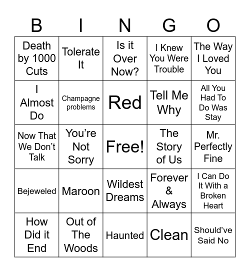 Songs about an EX Bingo Card