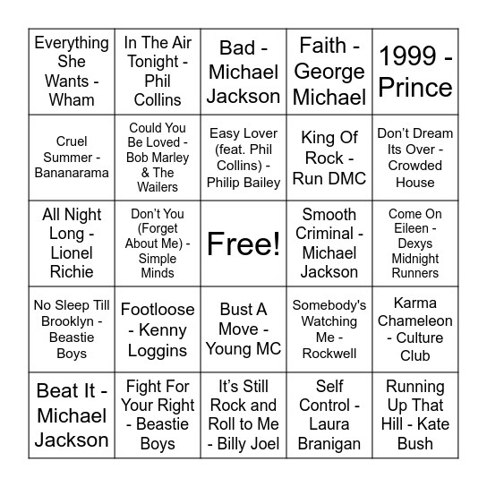 80's Baby (Phil Collins Was That Dude!) Bingo Card