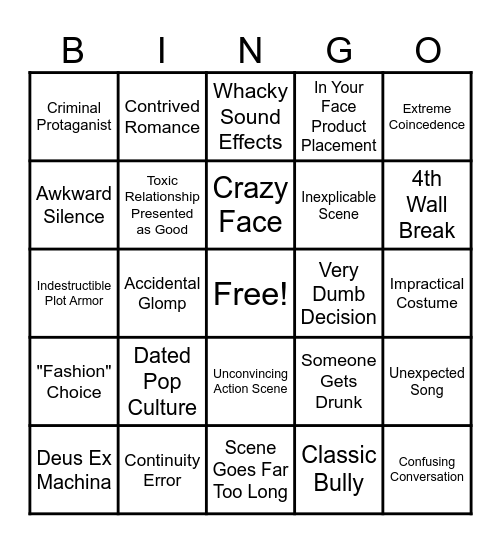 So Good It's Bad Movie Bingo Card