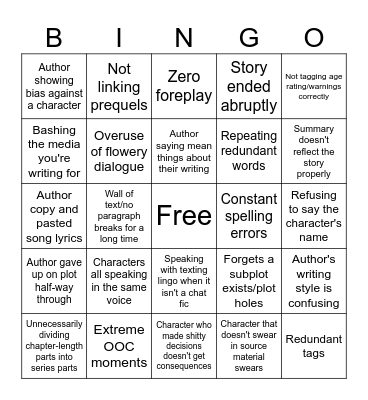 Fanfic Pet Peeves Bingo Card