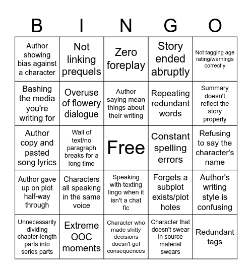 Fanfic Pet Peeves Bingo Card
