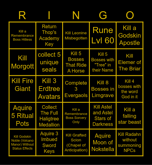 Elden Ring Bingo Card