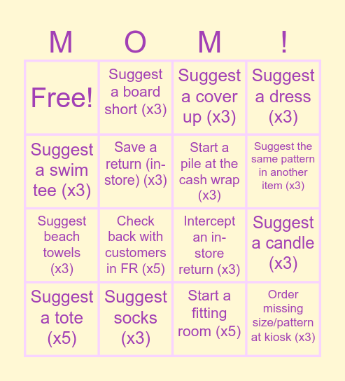Swooping for Mom Bingo Card