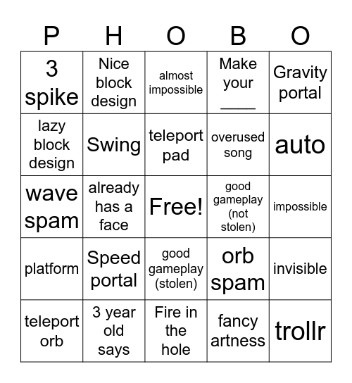 Geometry Dash Bingo Card