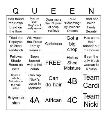 Black Girl Bingo Card