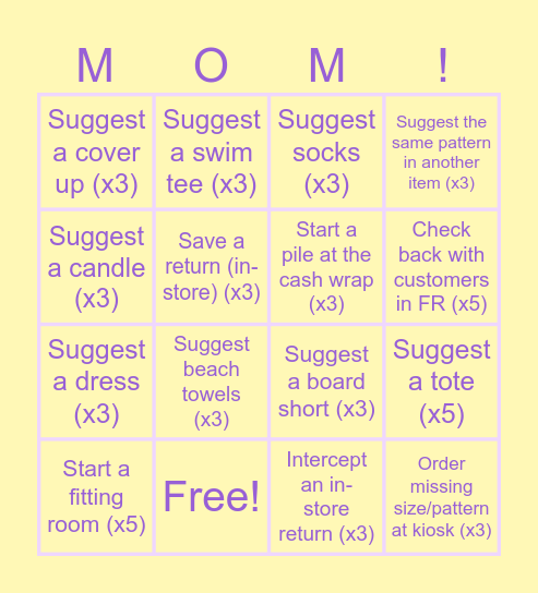 Swooping for Mom Bingo Card