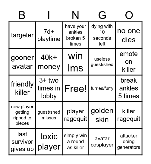 FORSAKEN Bingo Card